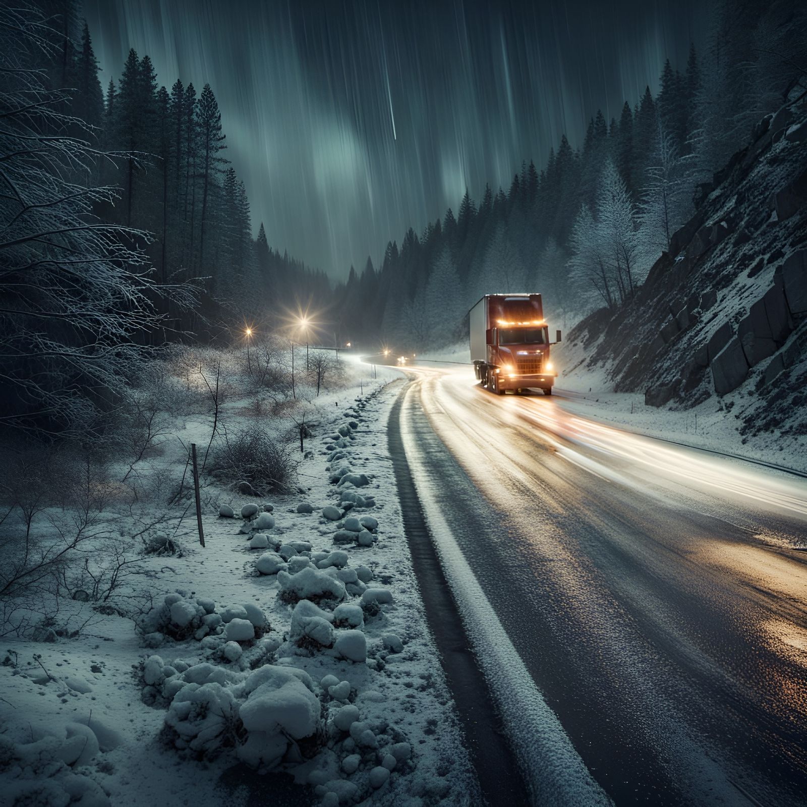 Truck Careening on Icy Highway in Cinematic Style