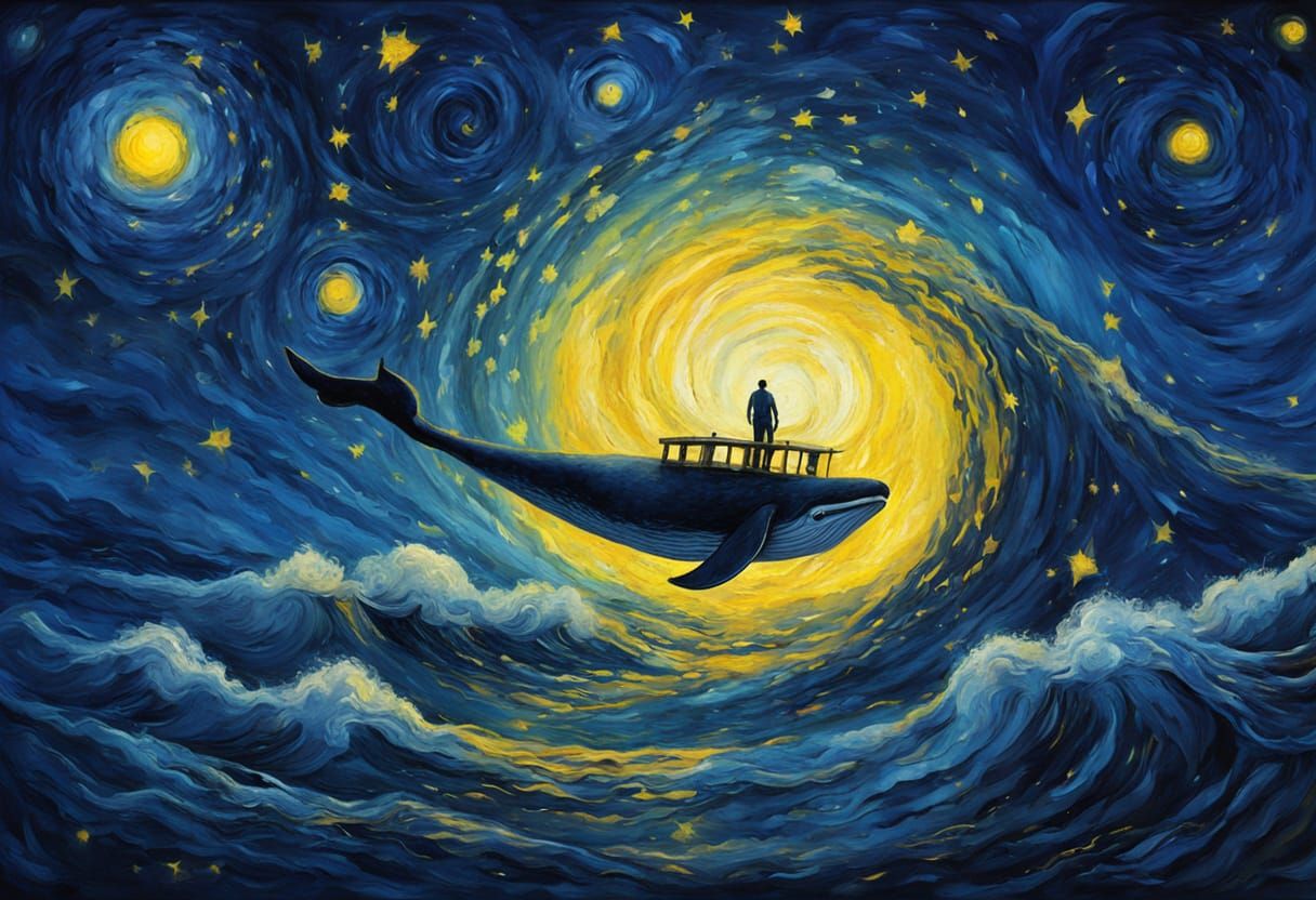 Whale Disappearing into Portal as Van Gogh Painting