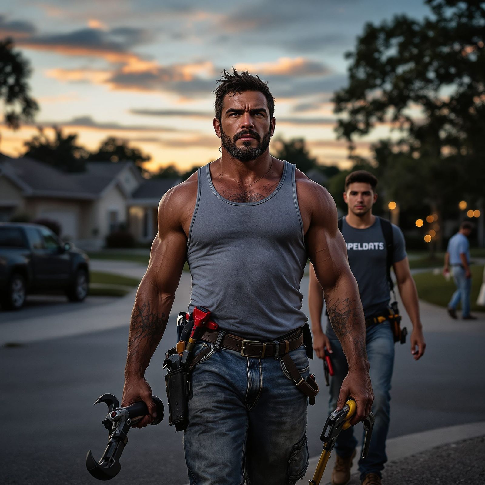 Plumbers at Dusk: A Hyperrealistic Florida Scene