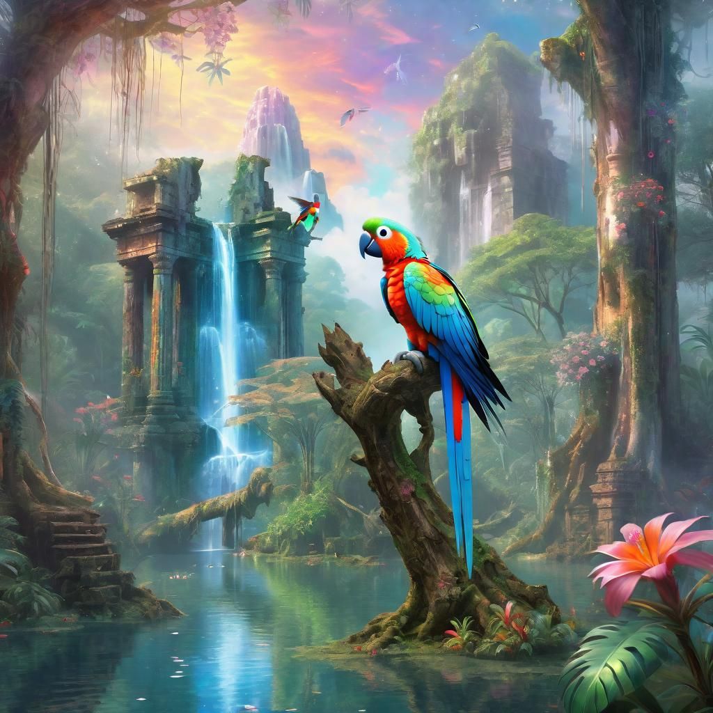 Jungle Parrot at Temple Ruins in Holographic Astral Style