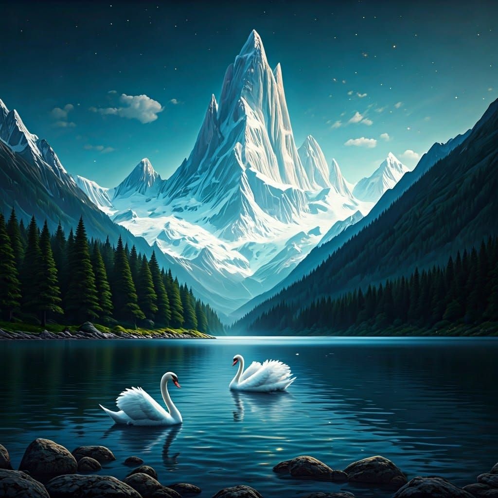 Lake with Swans and Snowy Alps as Matte Painting