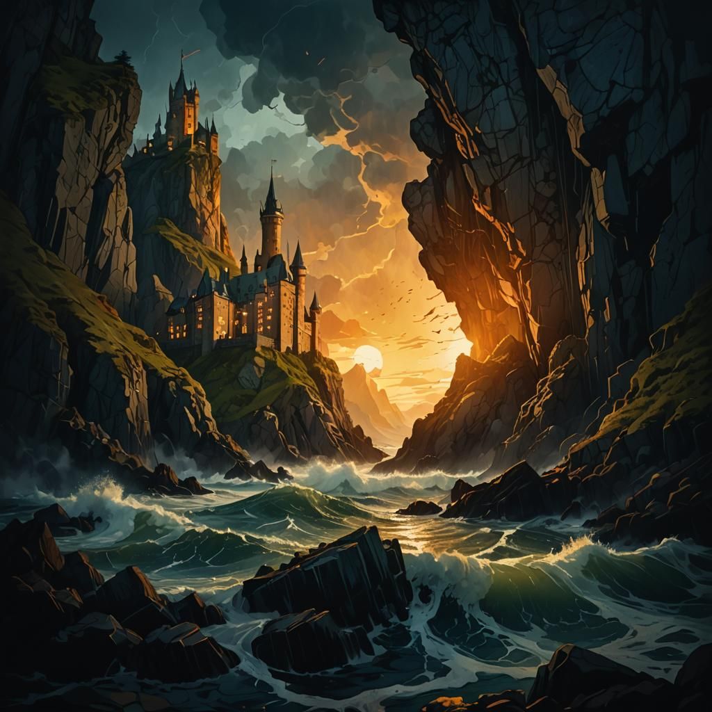Ethereal Peninsula Castle: Art Nouveau Meets Stormy Seas