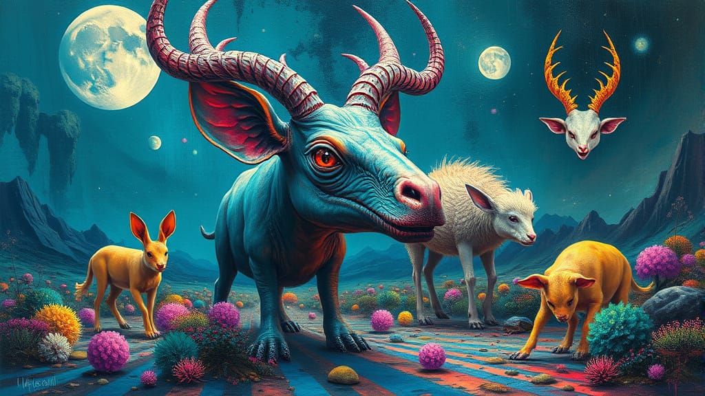 Bizarre Animals in Neon Environment: Mixed Media Art