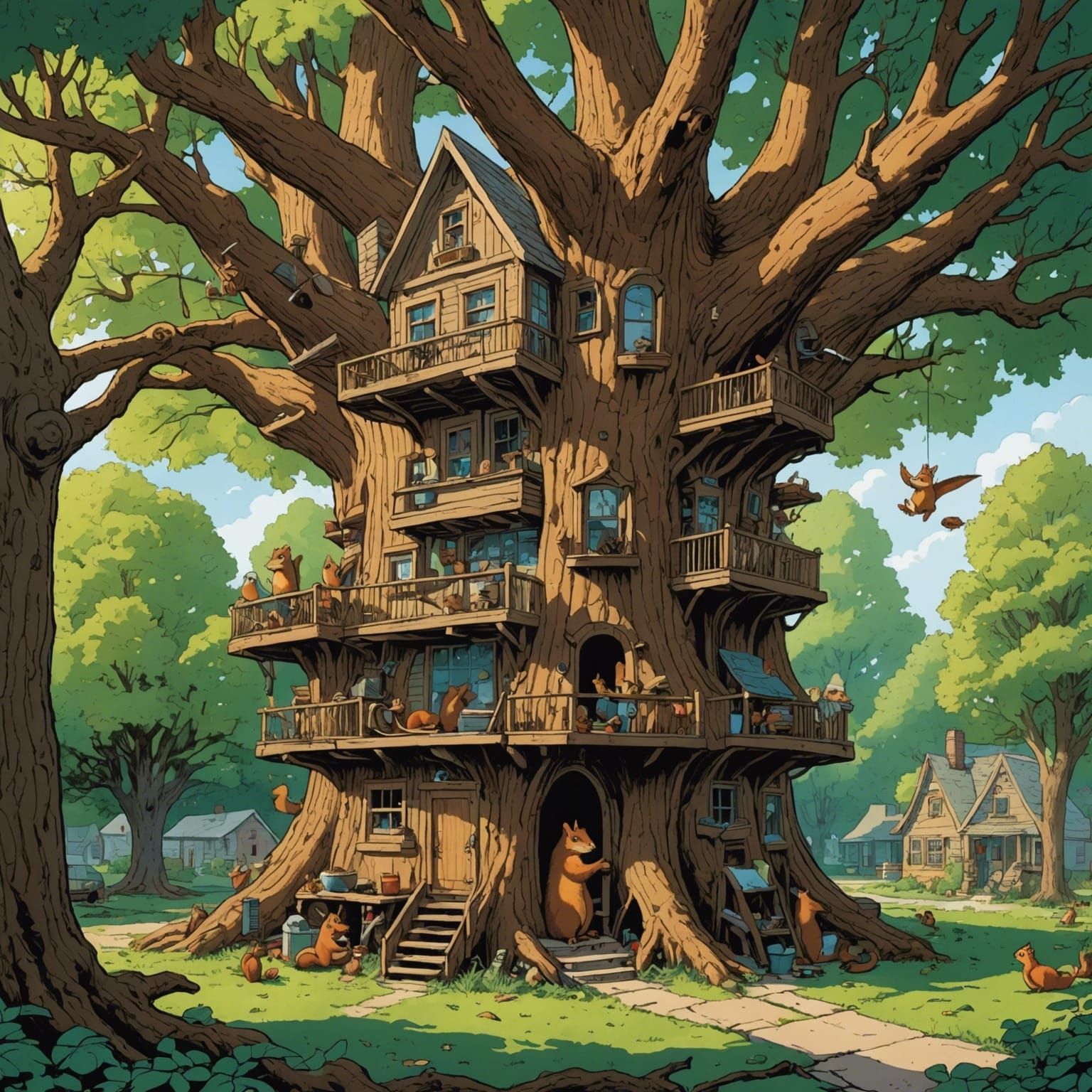 Squirrel Family Treehouse in Comic Book Style
