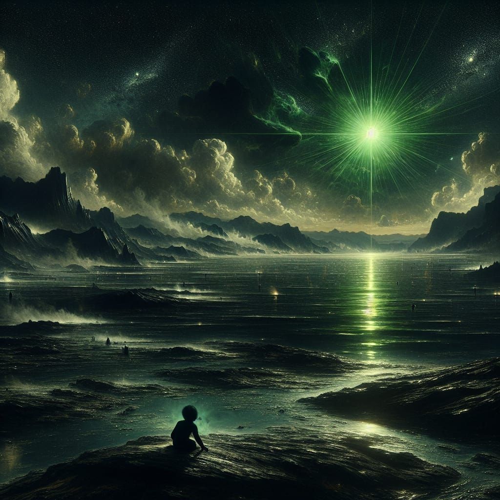 Dark Lifeless Landscape with Child Gazing at Starry Sky