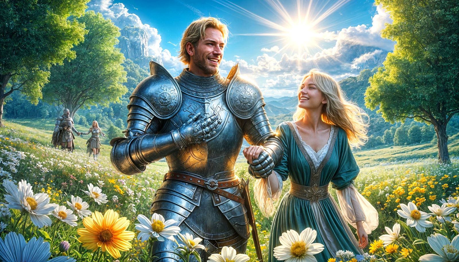 Knight and Companion Stroll Through Blossoming Meadow