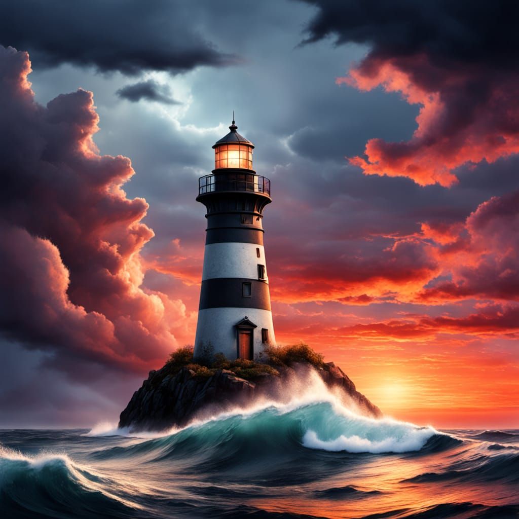 Pencil Lighthouse in Stormy Seas, Photorealistic Style
