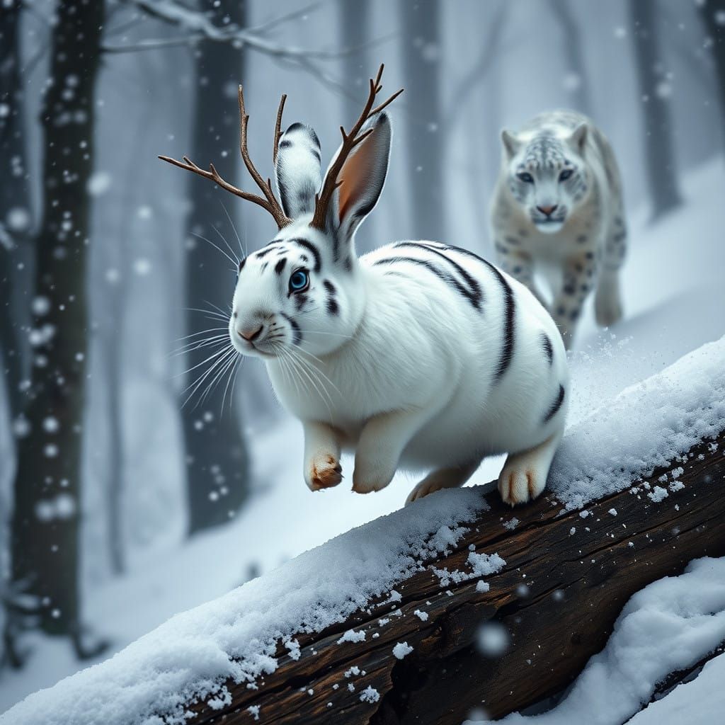 Majestic White Rabbit in a Ferocious Blizzard Landscape