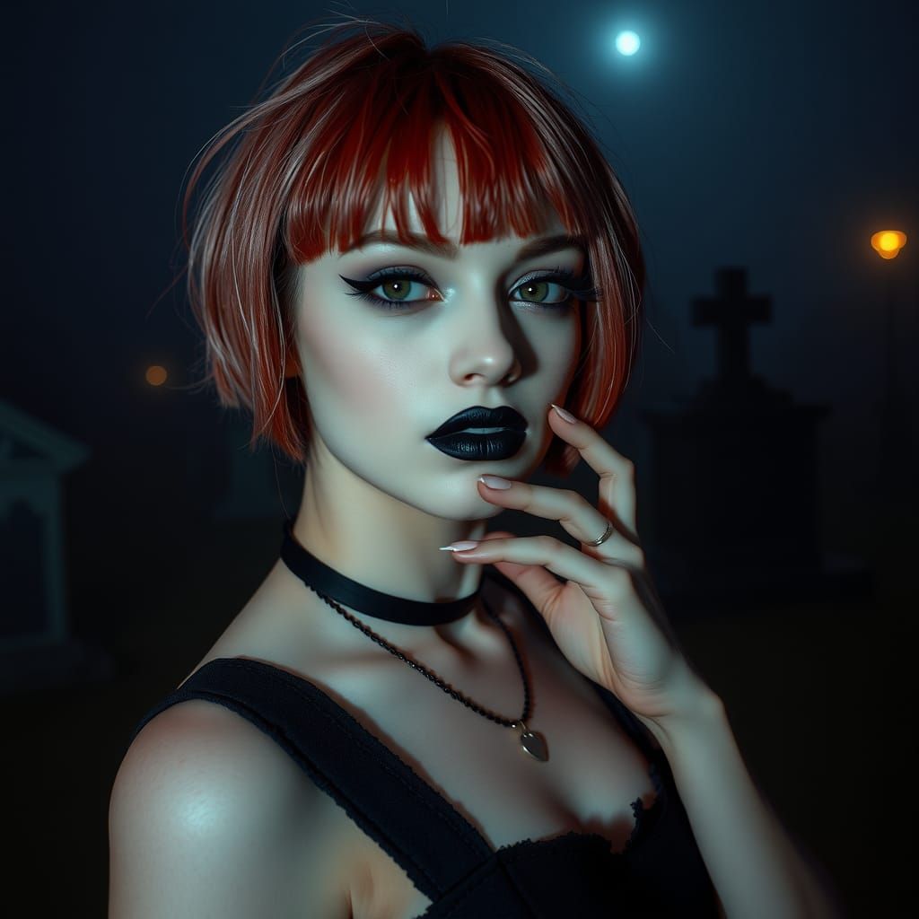 Goth Woman Posing in Spooky Graveyard at Nightfall