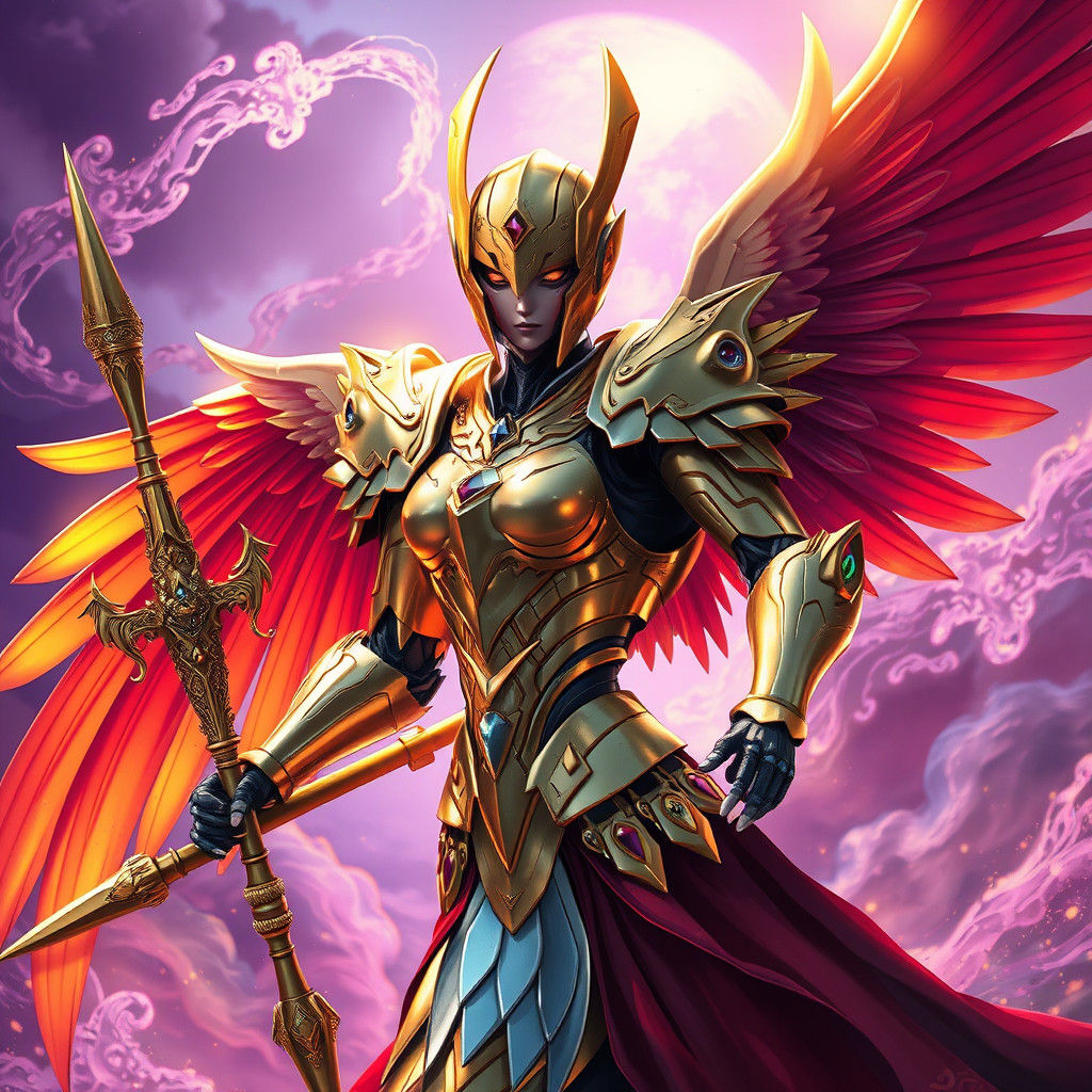 Golden Armored Robot Angel with Rainbow Wings