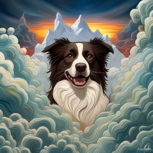 Border Collie in Clouds: Hyperdetailed Gouache Illustration