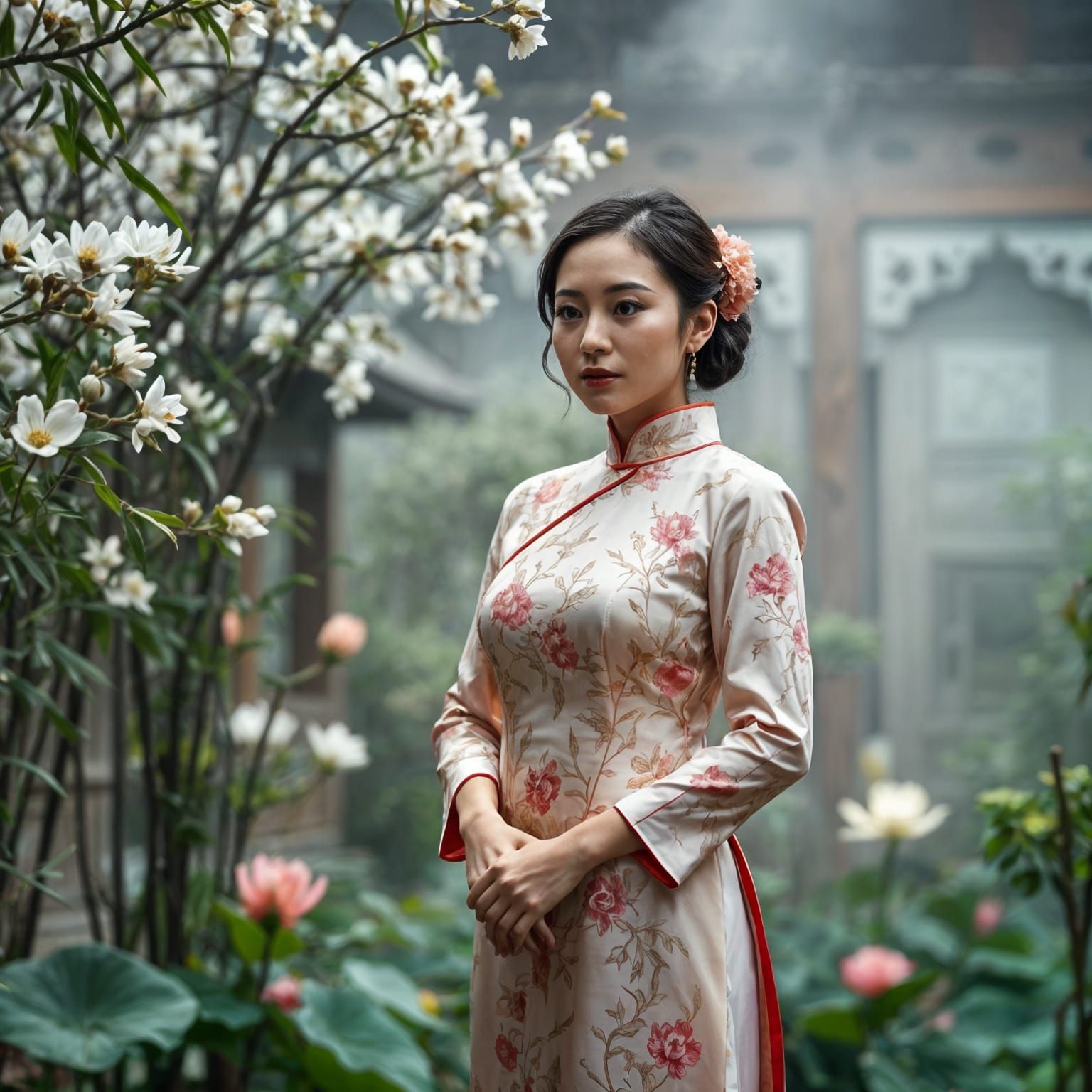Traditional Chinese Woman in Temple Gardens