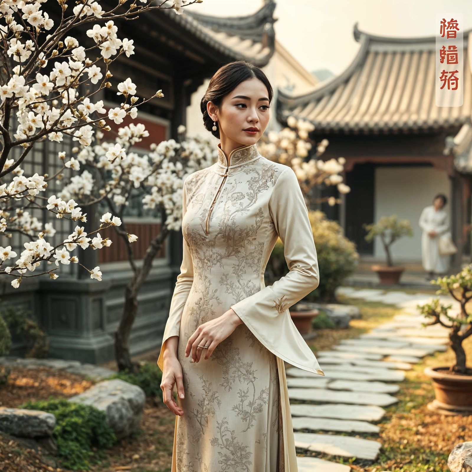 Woman in Traditional Chinese Attire Stands Amidst Jasmine-Sc...