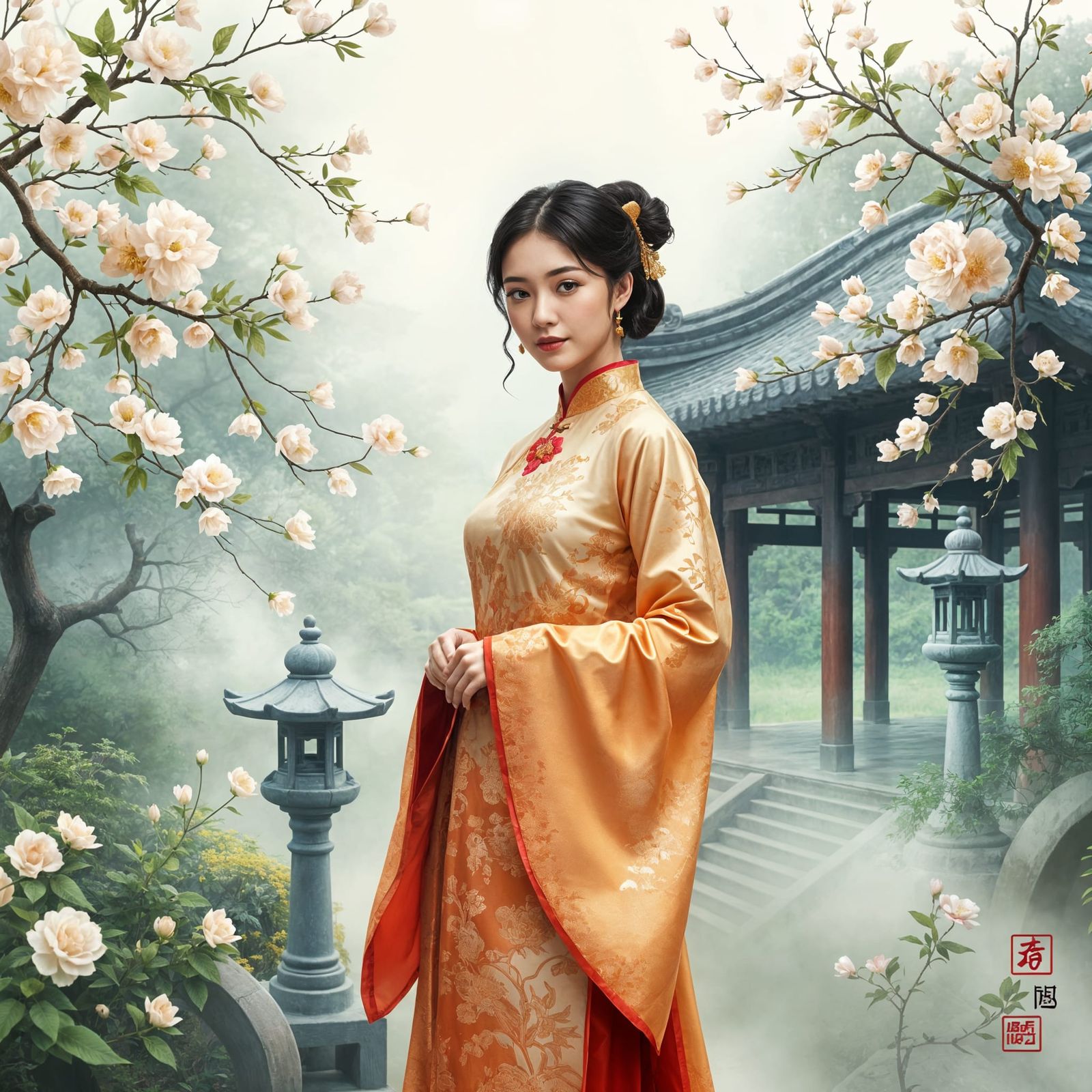 Traditional Chinese Beauty in Temple Garden