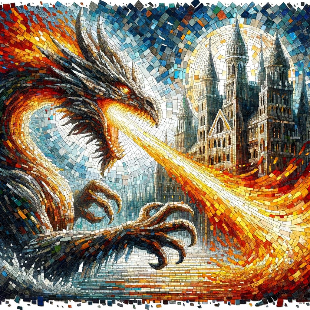 Fiery Dragon Attacks Castle in Glass Mosaic Style