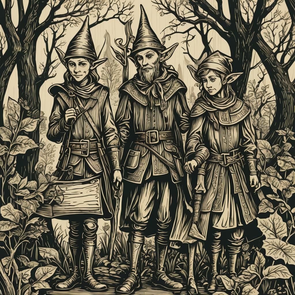 Woodcut Style Elves in Forest