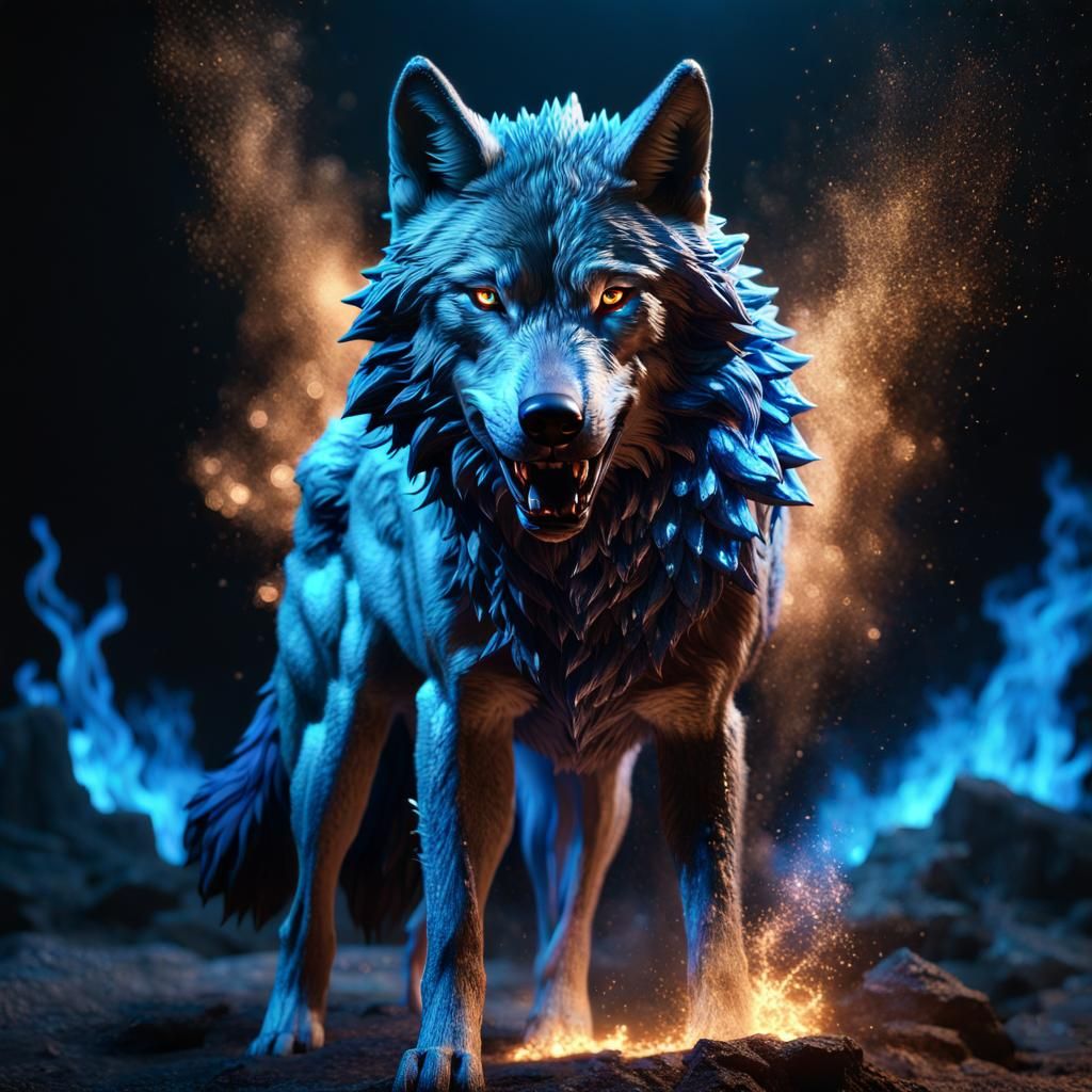 Epic Wolf in Blue Fire Portrait