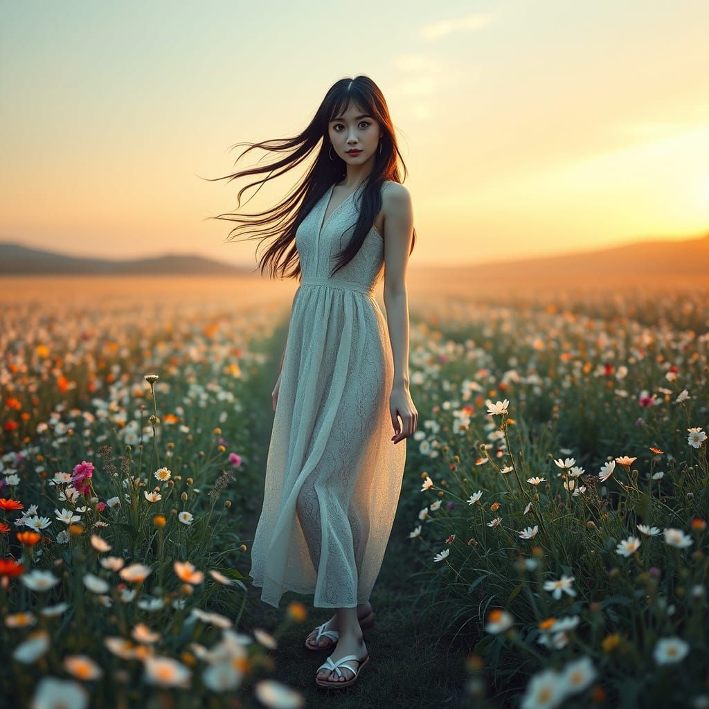 Hyper-realistic Japanese Woman in Wildflower Field at Dawn