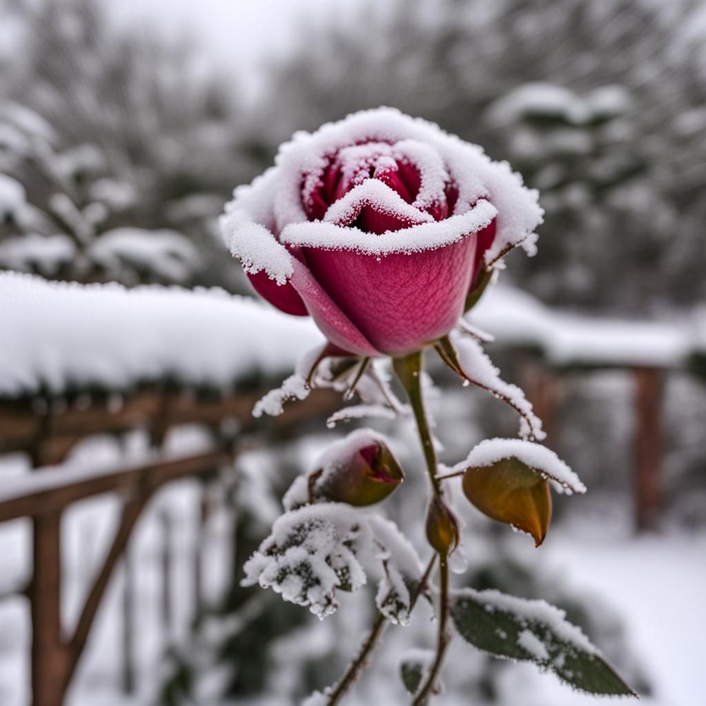 Frozen Rose in Winter Garden Scene