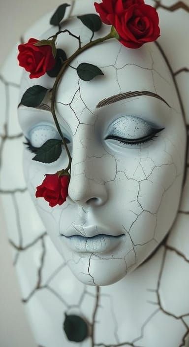 Surreal Porcelain Face with Roses as Oil Painting