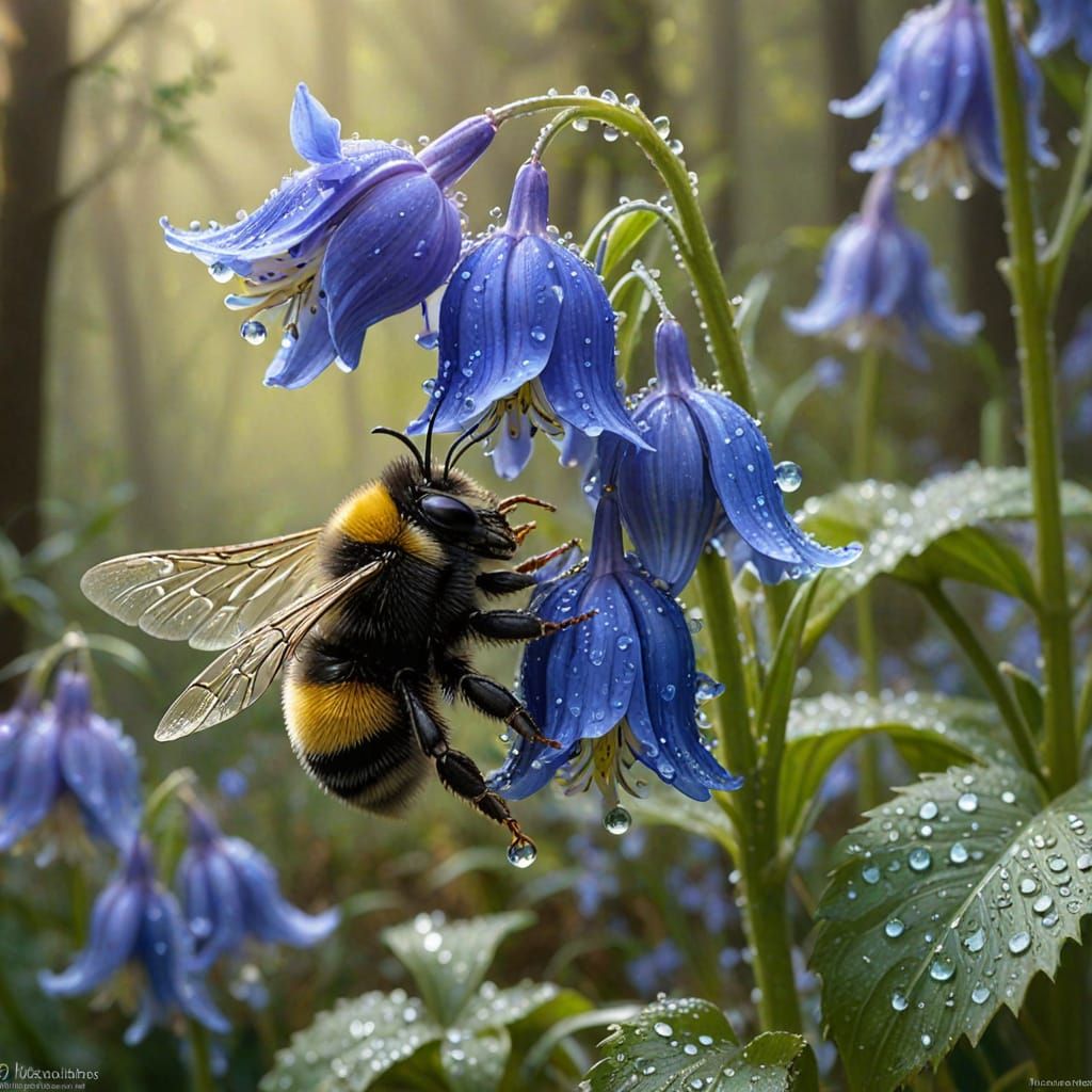 Shaggy Bumblebee Sleeps in Dew-Kissed Bluebell