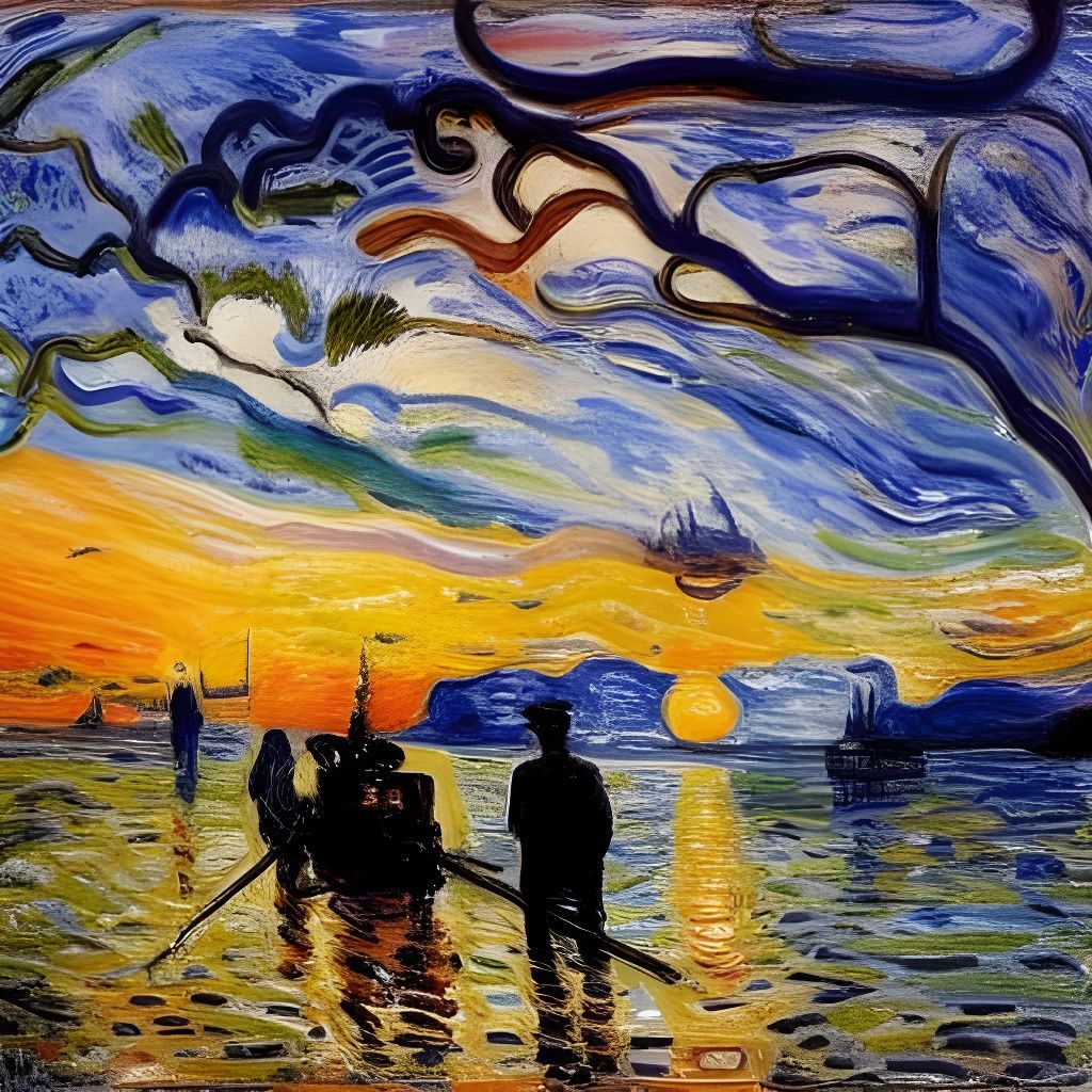 Sunset Landscape with Fishermen: Post-Impressionistic Painti...
