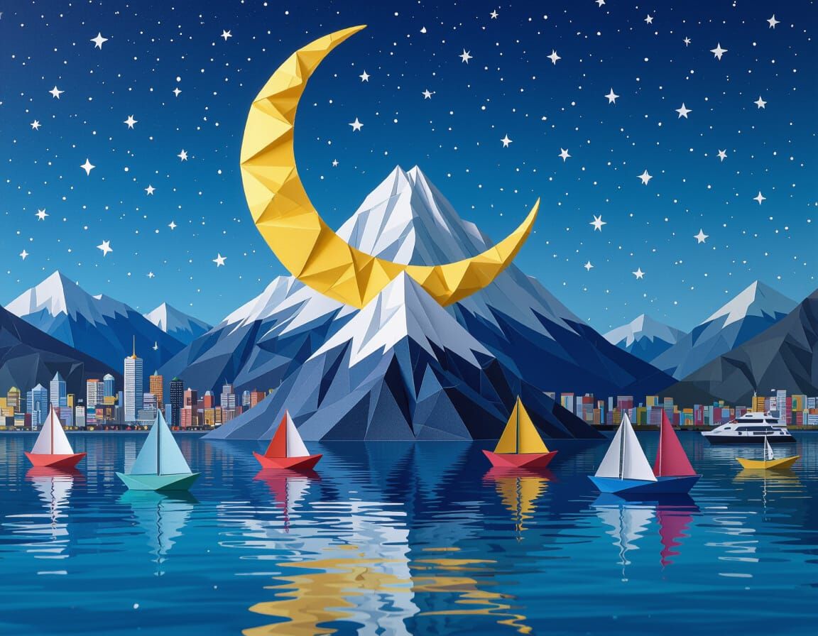 Kirigami Moon on Mountain Peak Reflected in Marina