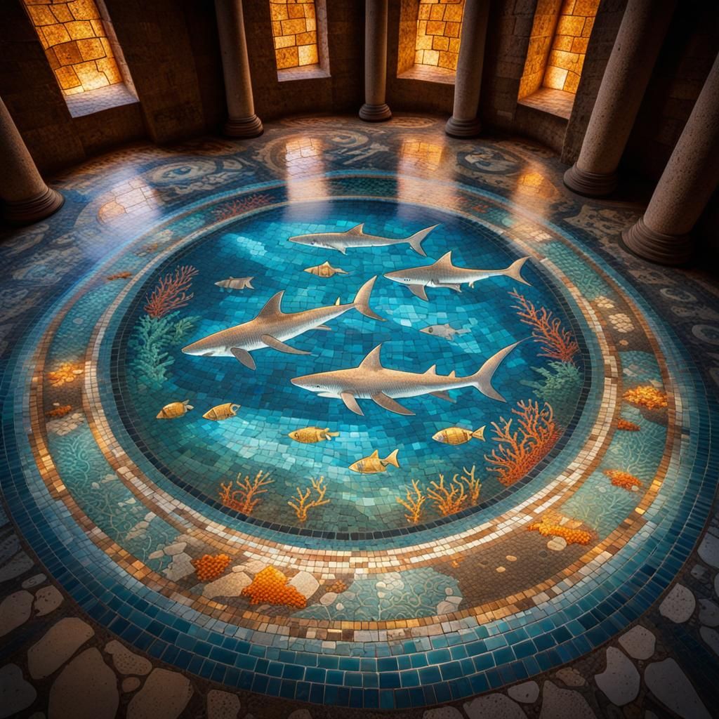 Vibrant Mosaic Floor with Sharks and Coral Reefs