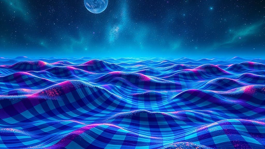 Plaid Ocean Waves Under Cosmic Skies