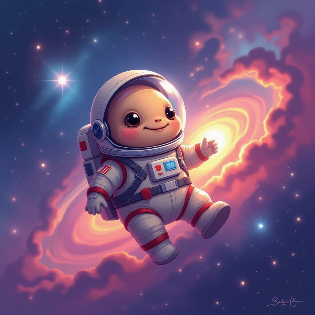Whimsical Tardigrade Explorer in Cosmic Nebula
