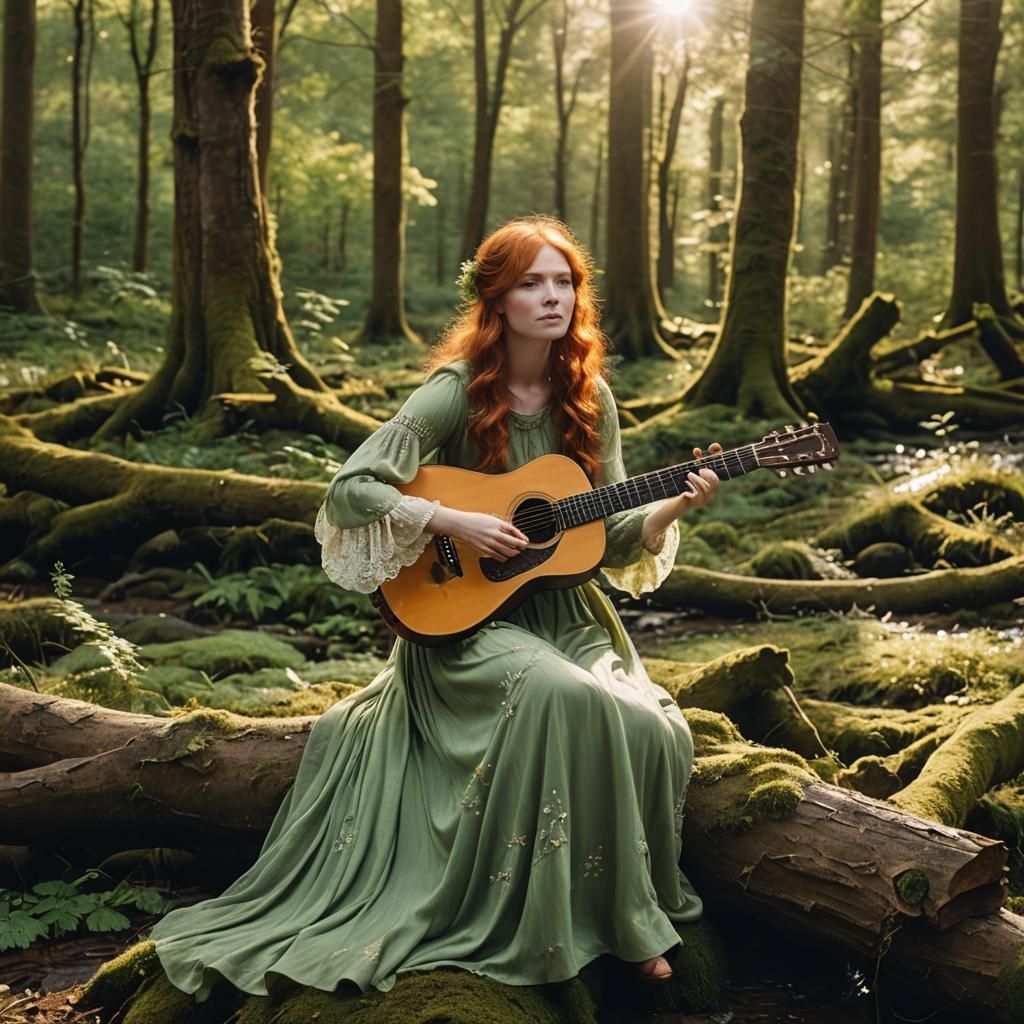 Redhead Singer in Forest Glade with Guitar