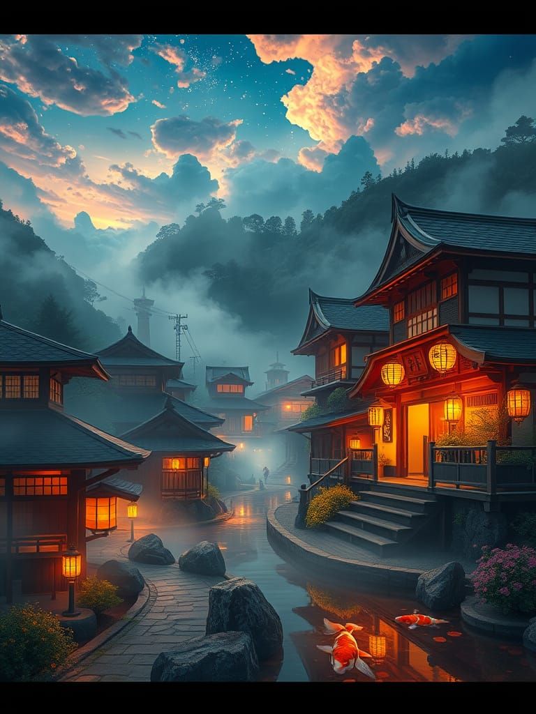 Misty Japanese Village Under Ethereal Skies