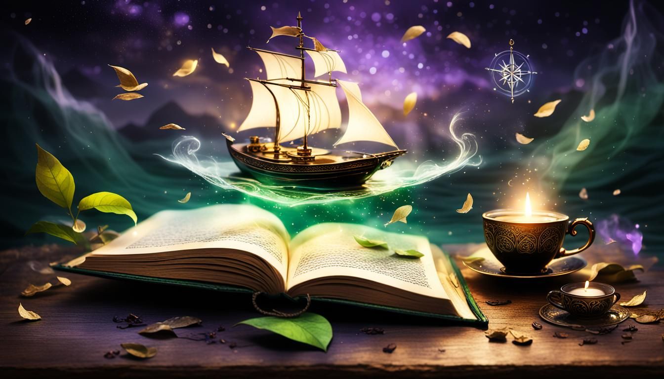 Mystical Fantasy Book with Steaming Tea and Bokeh Background