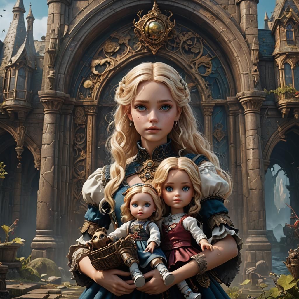 Blonde Girl with Doll: Detailed Fantasy Art