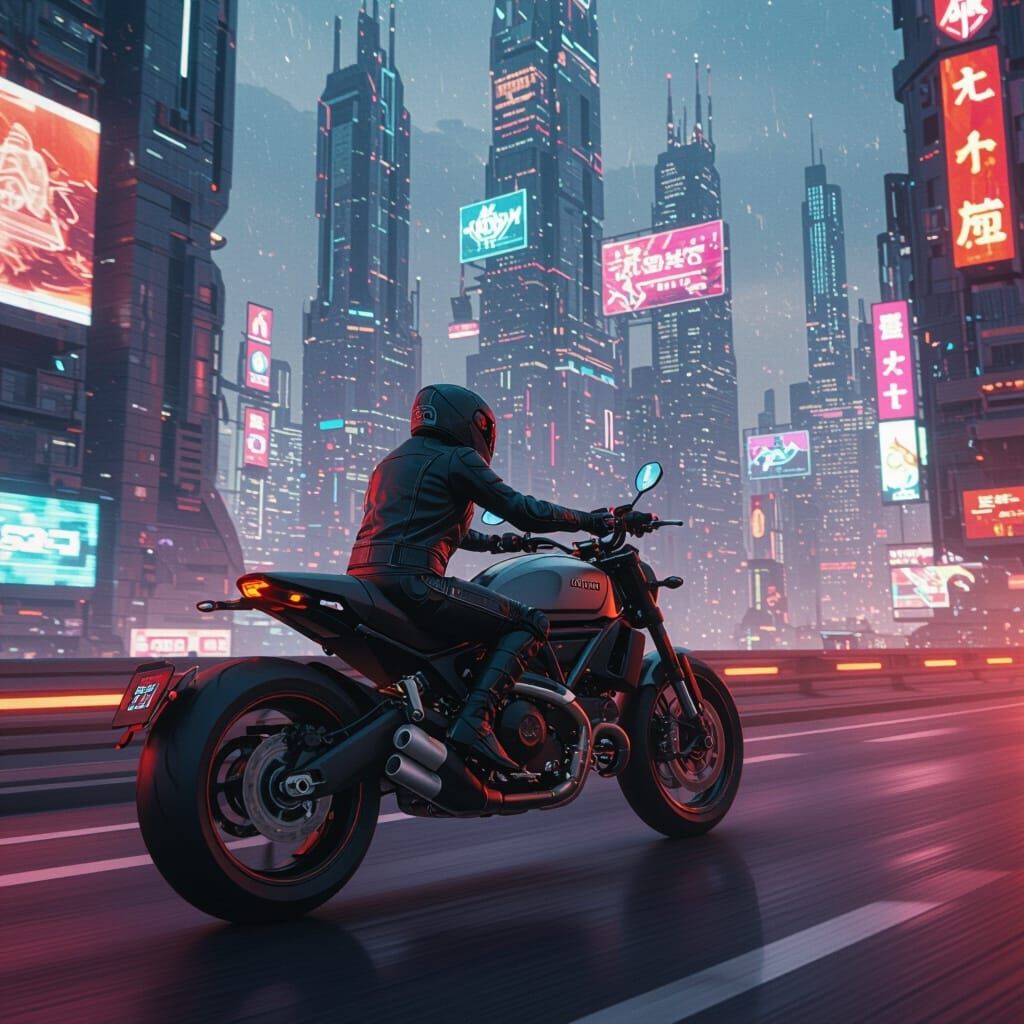 Futuristic Motorcyclist in Alien Metropolis, Cyberpunk Style