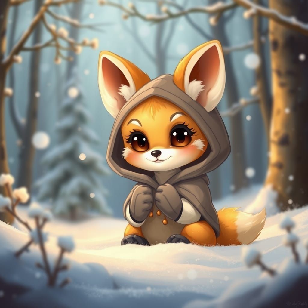 Chibi Fennec Fox in Snowy Forest, Imaginative Realism