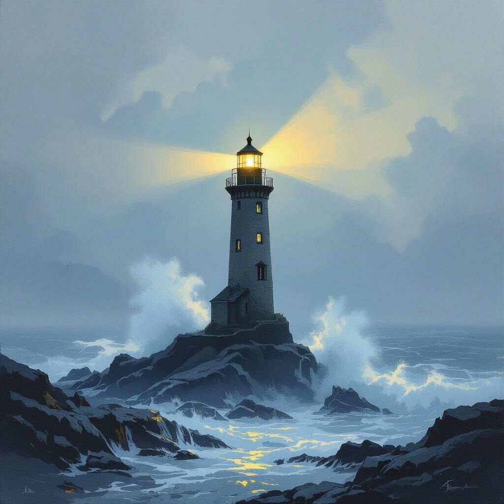 Misty Dawn Lighthouse in Dramatic Atmospheric Style