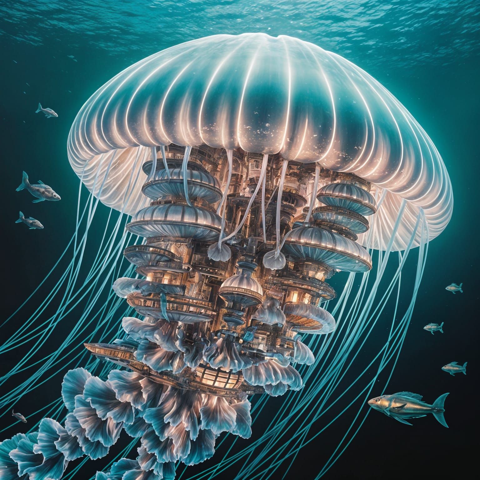 Bustling Bioluminescent Underwater City in Jellyfish