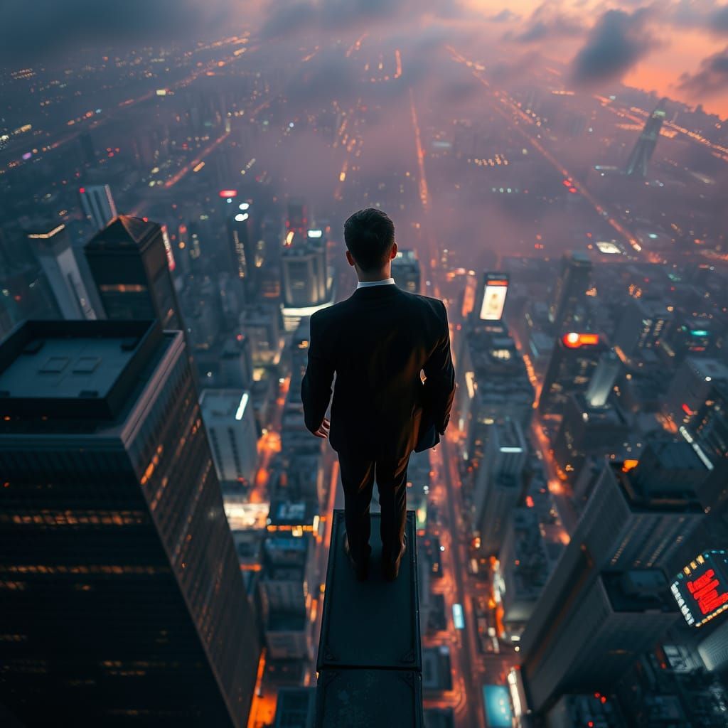 Tokyo Skyscraper Sunset: Mysterious Figure in Business Suit