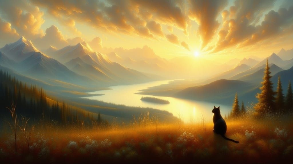 Cat Gazes at Luminous River Valley at Dawn in Romantic Style