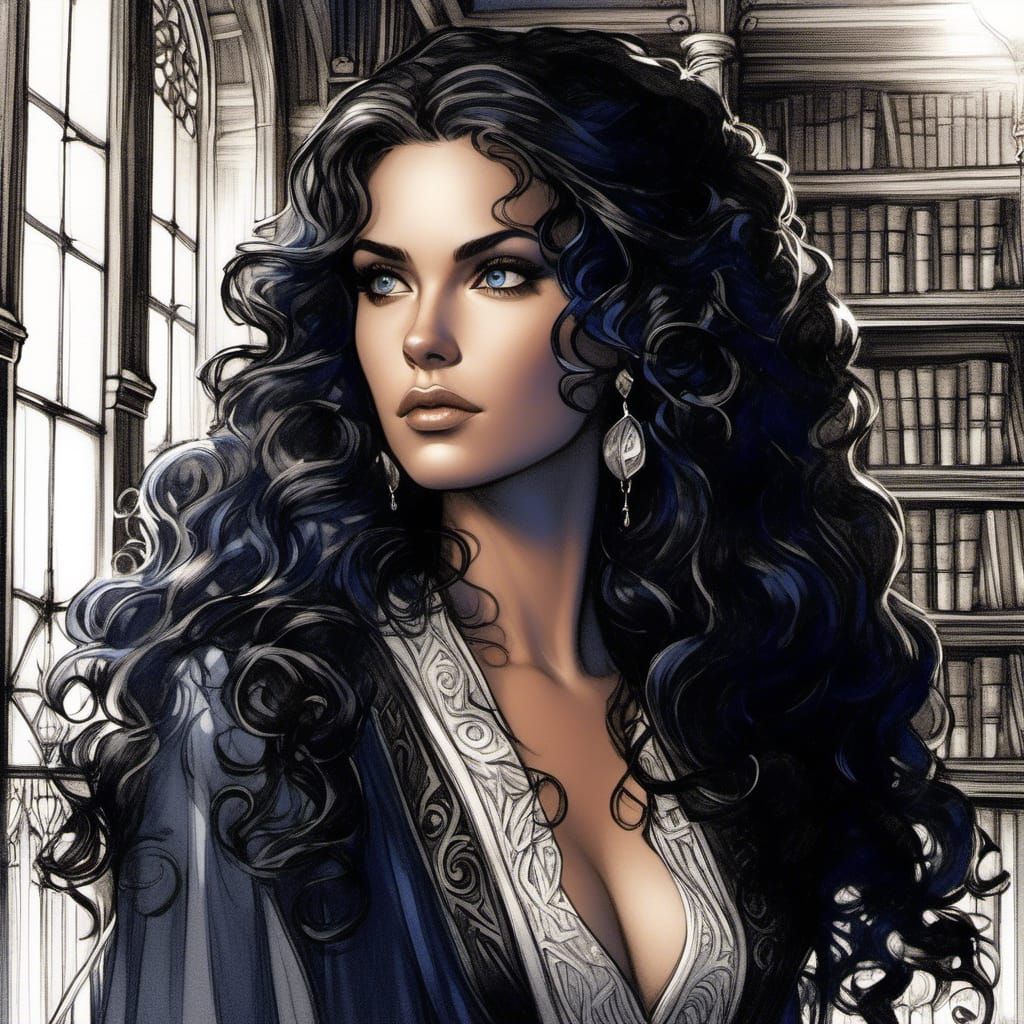 Pencil Sketch of a Powerful Mage Woman