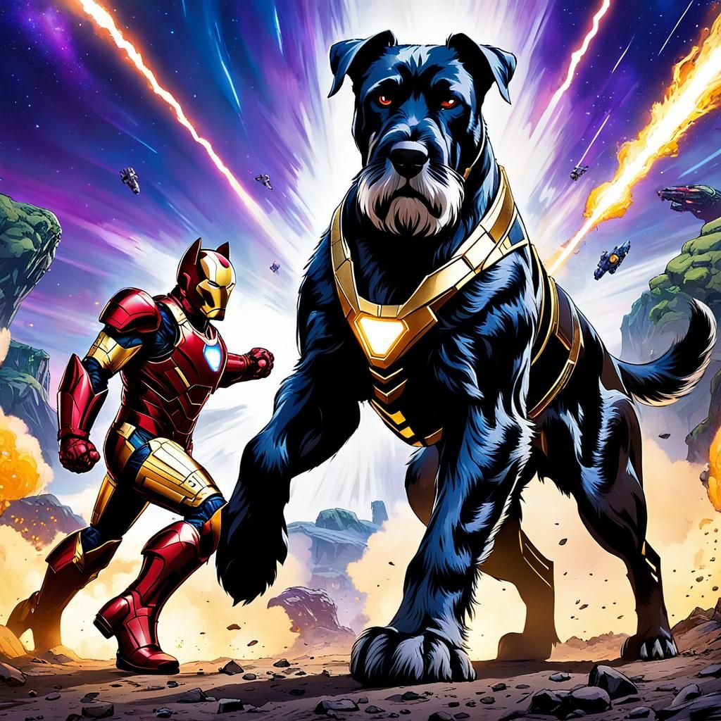 Giant Schnauzer Iron Man vs Calico Thanos: Anime Art
