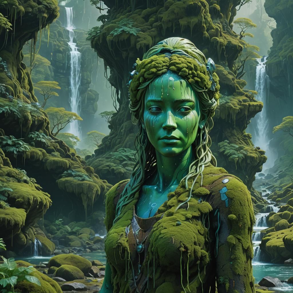 Moss-Covered Statue with Waterfalls in Fantasy Landscape