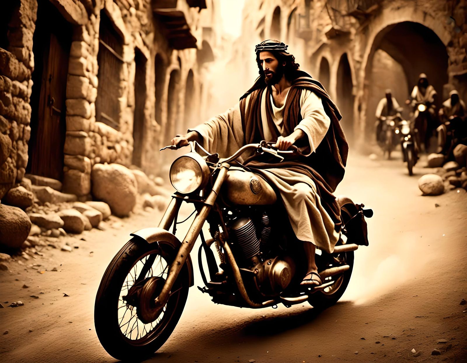 Jesus on Motorbike in Jerusalem: Sepia Masterpiece