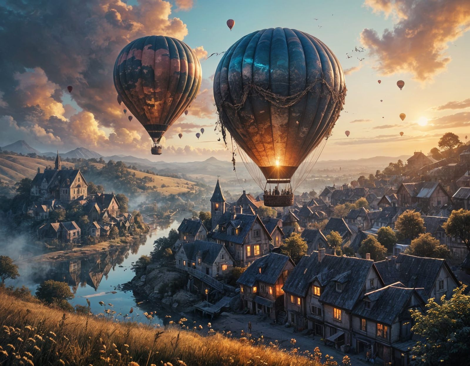 Hot Air Balloon Over Village: Dreamlike Fantasy Art