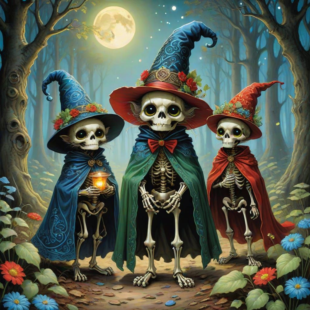 Whimsical Skeletons Dancing Under Moonlit Forest