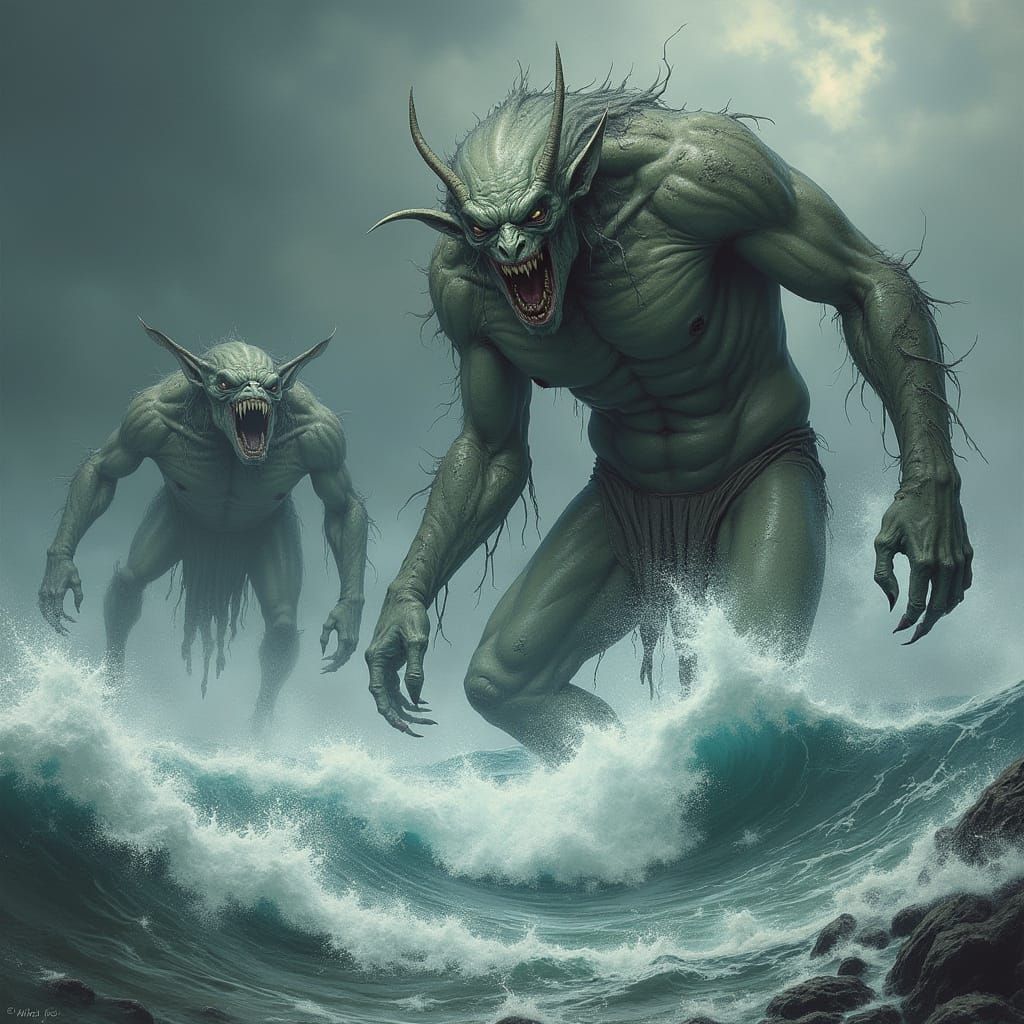Fierce Fomorian Giants Emerge from Stormy Sea