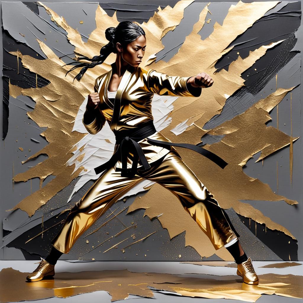 Gilded Martial Artist Mid-Punch in Mixed Media