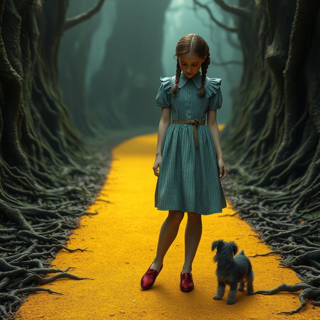 Dorothy and Toto in Dark Emerald City, 3D Render