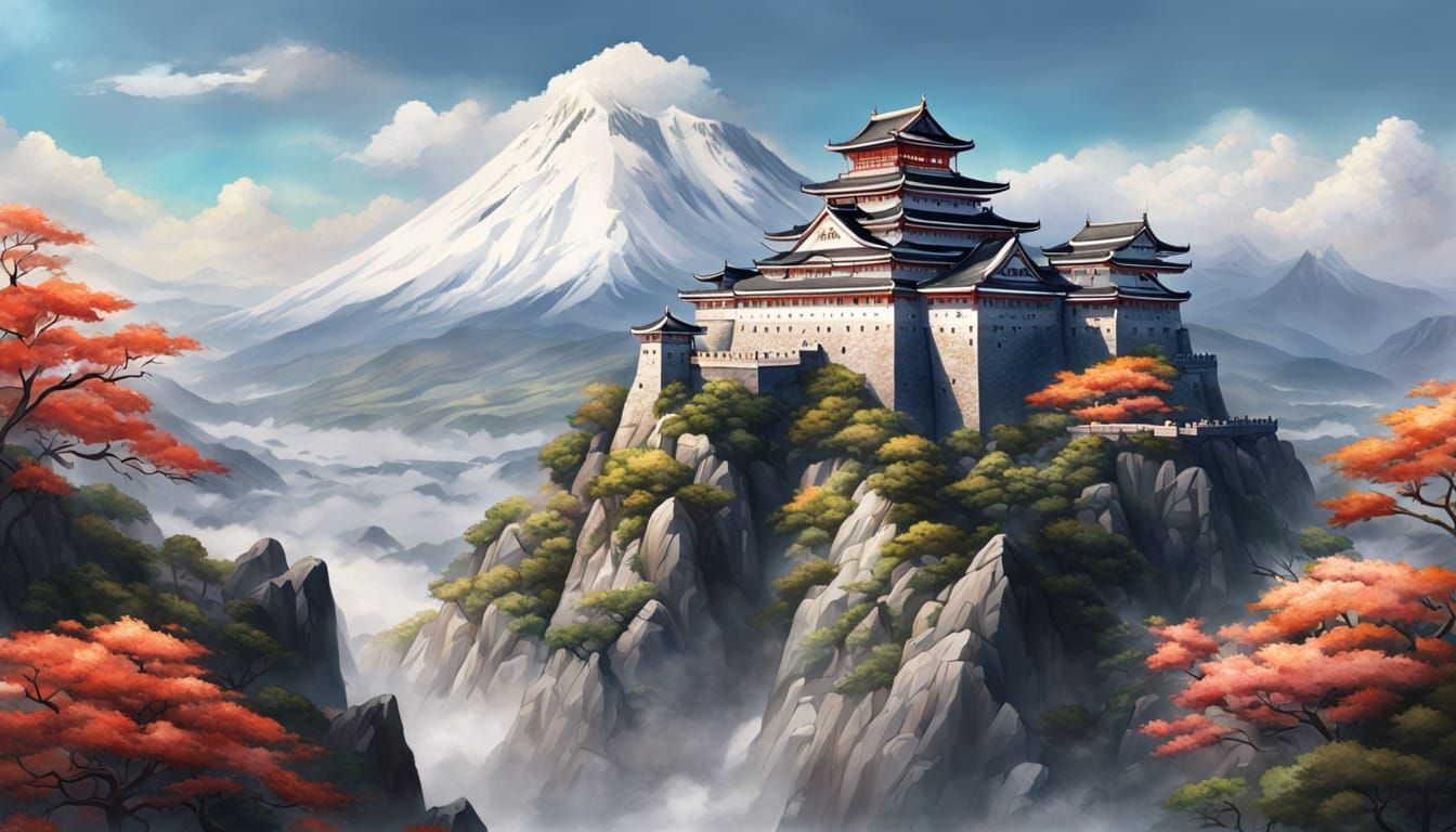 Japanese Castle on Mountain Peak: Hyperrealistic Illustratio...